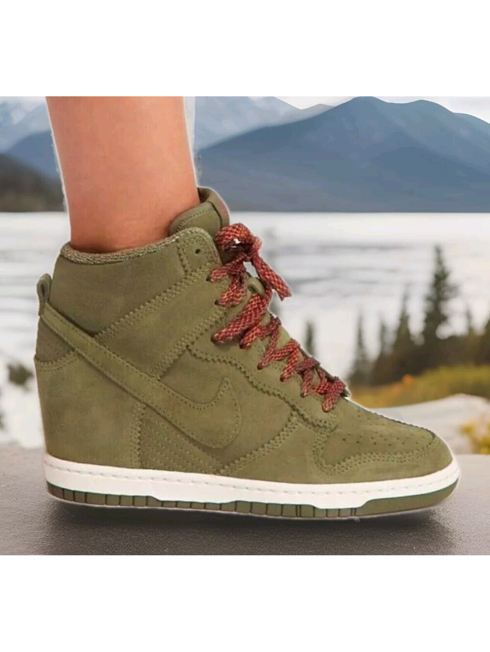 Nike Sky Hi High Dunk Leather Hidden Wedge Shoes Olive Green 528899 Women 8.5 40